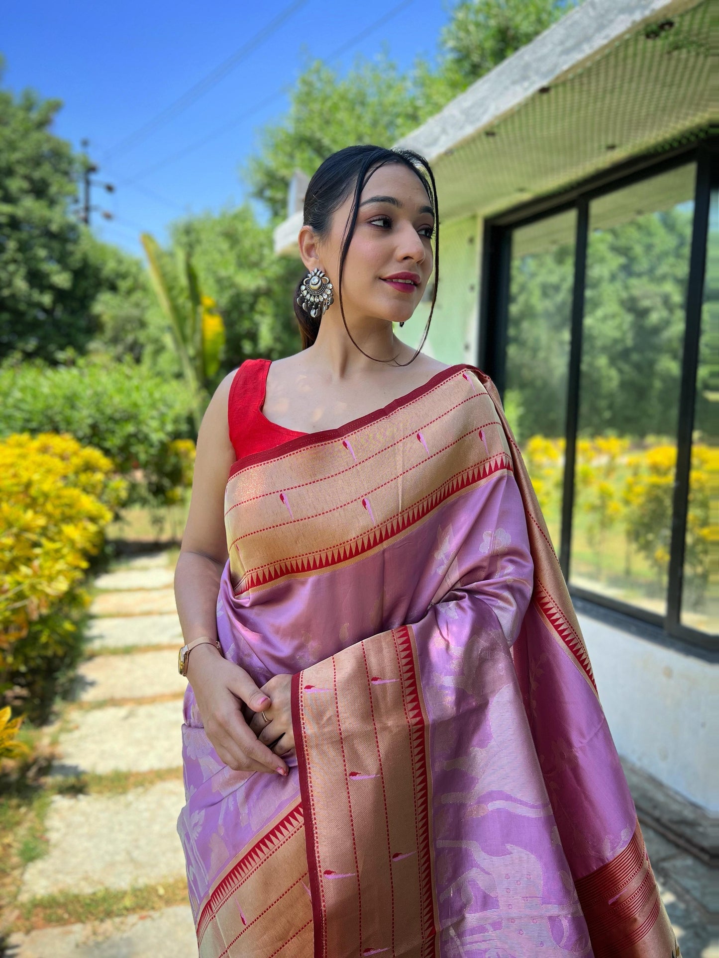 Elegant Paithani Silk Saree with Rich Zari Work & Contrast Blouse