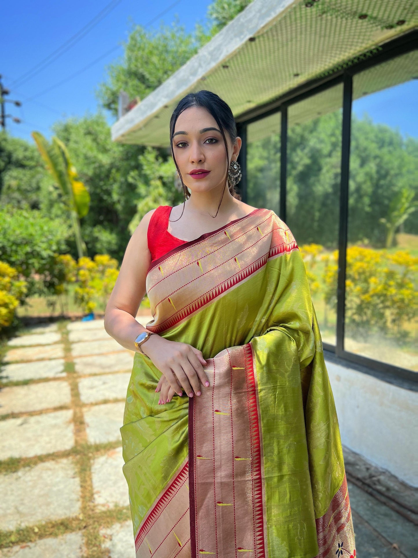 Elegant Paithani Silk Saree with Rich Zari Work & Contrast Blouse