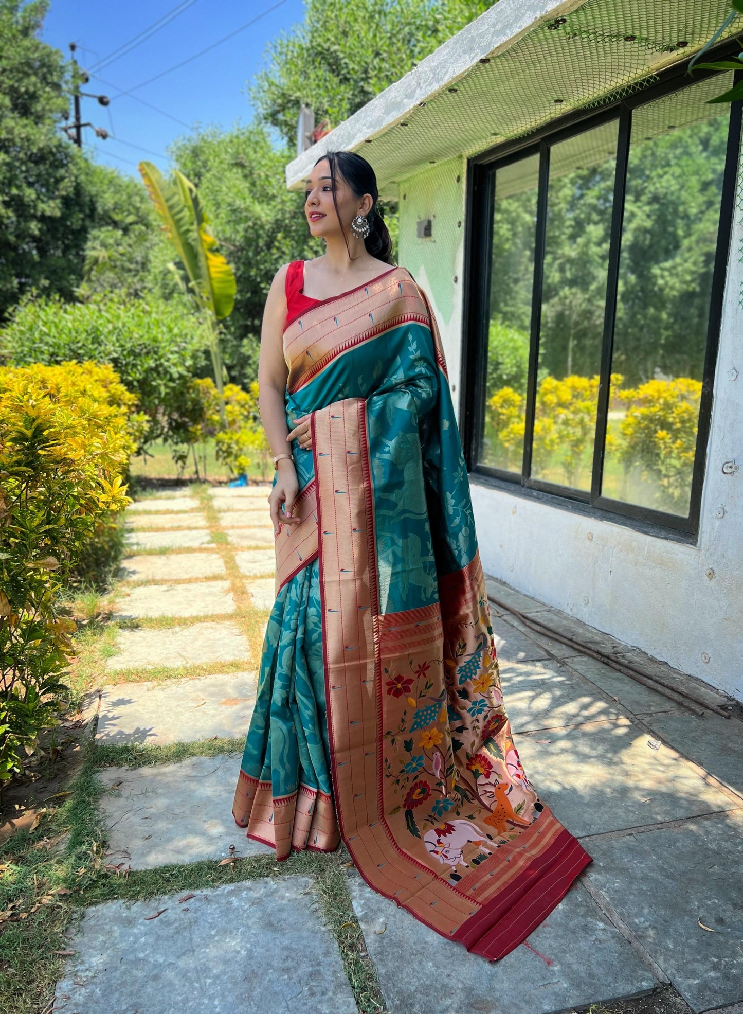 Elegant Paithani Silk Saree with Rich Zari Work & Contrast Blouse