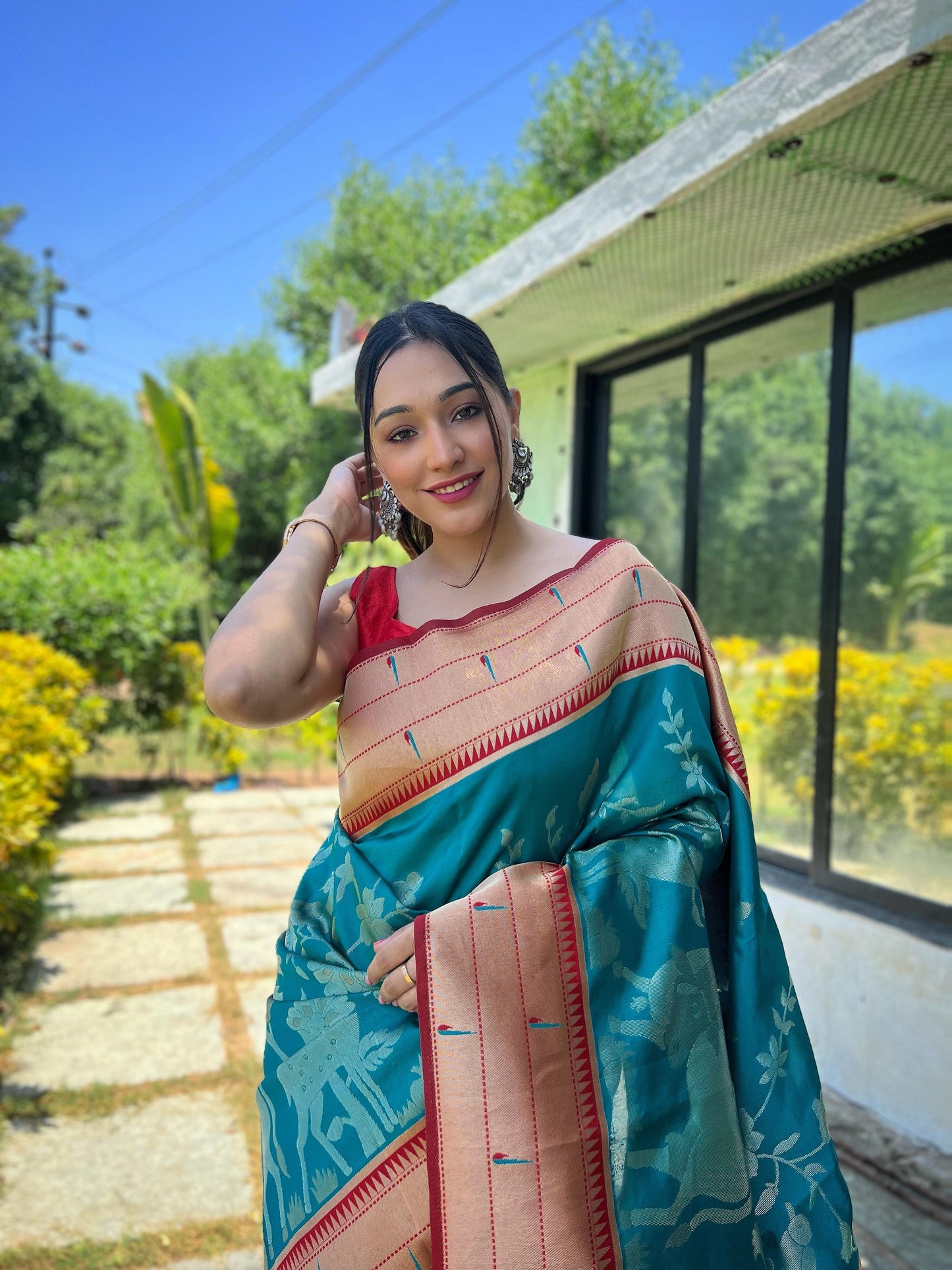 Elegant Paithani Silk Saree with Rich Zari Work & Contrast Blouse