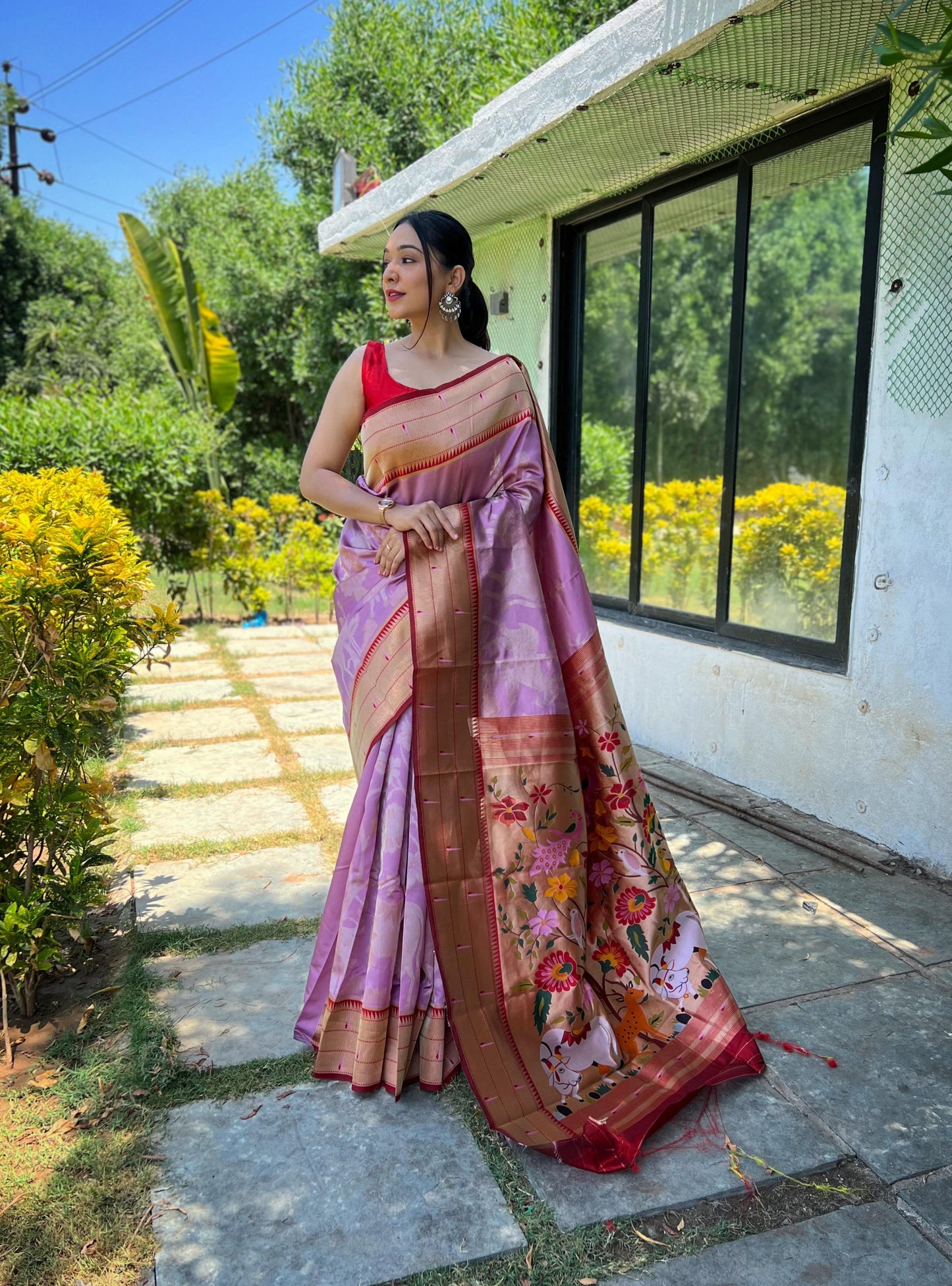 Elegant Paithani Silk Saree with Rich Zari Work & Contrast Blouse