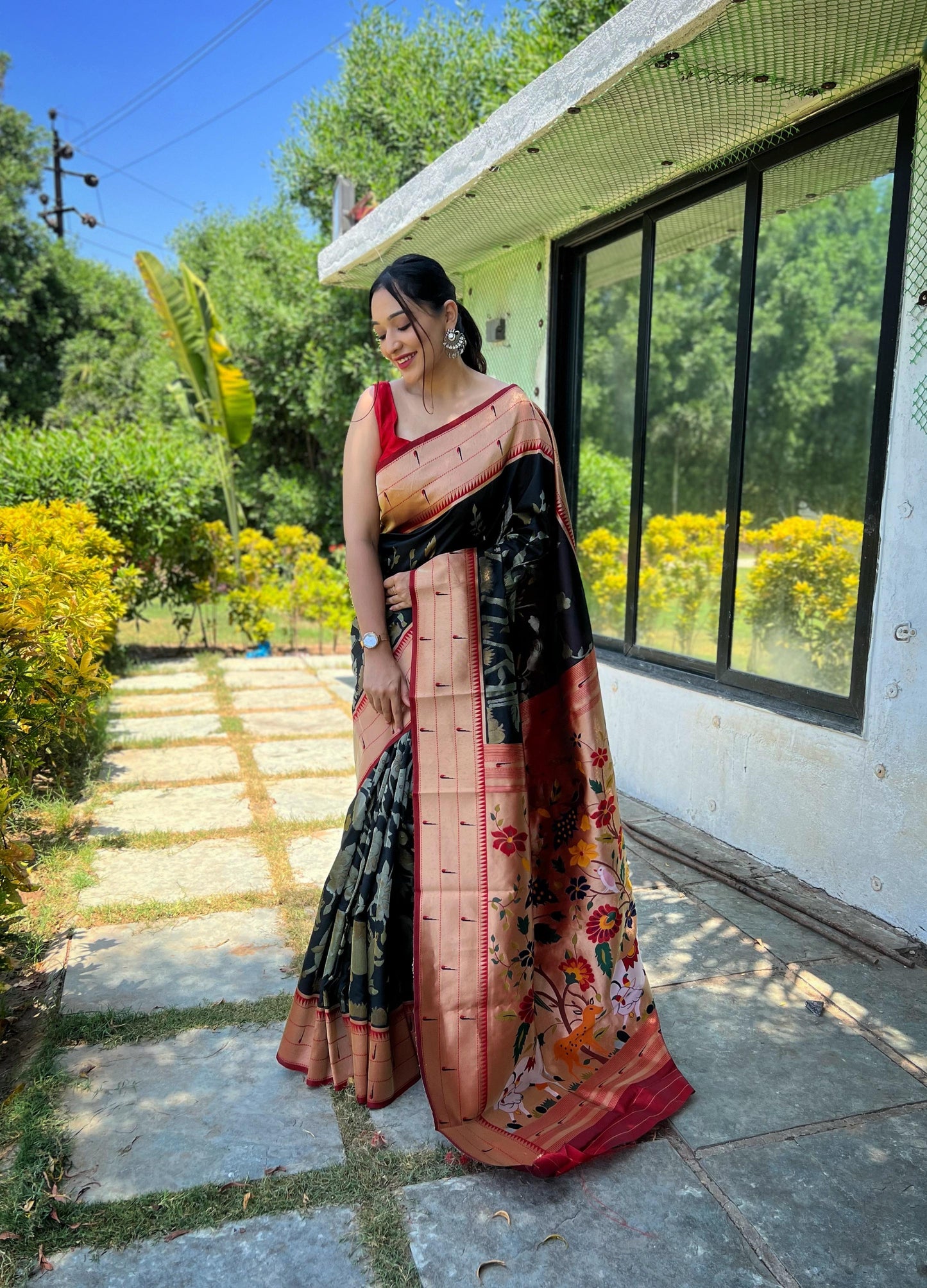 Elegant Paithani Silk Saree with Rich Zari Work & Contrast Blouse