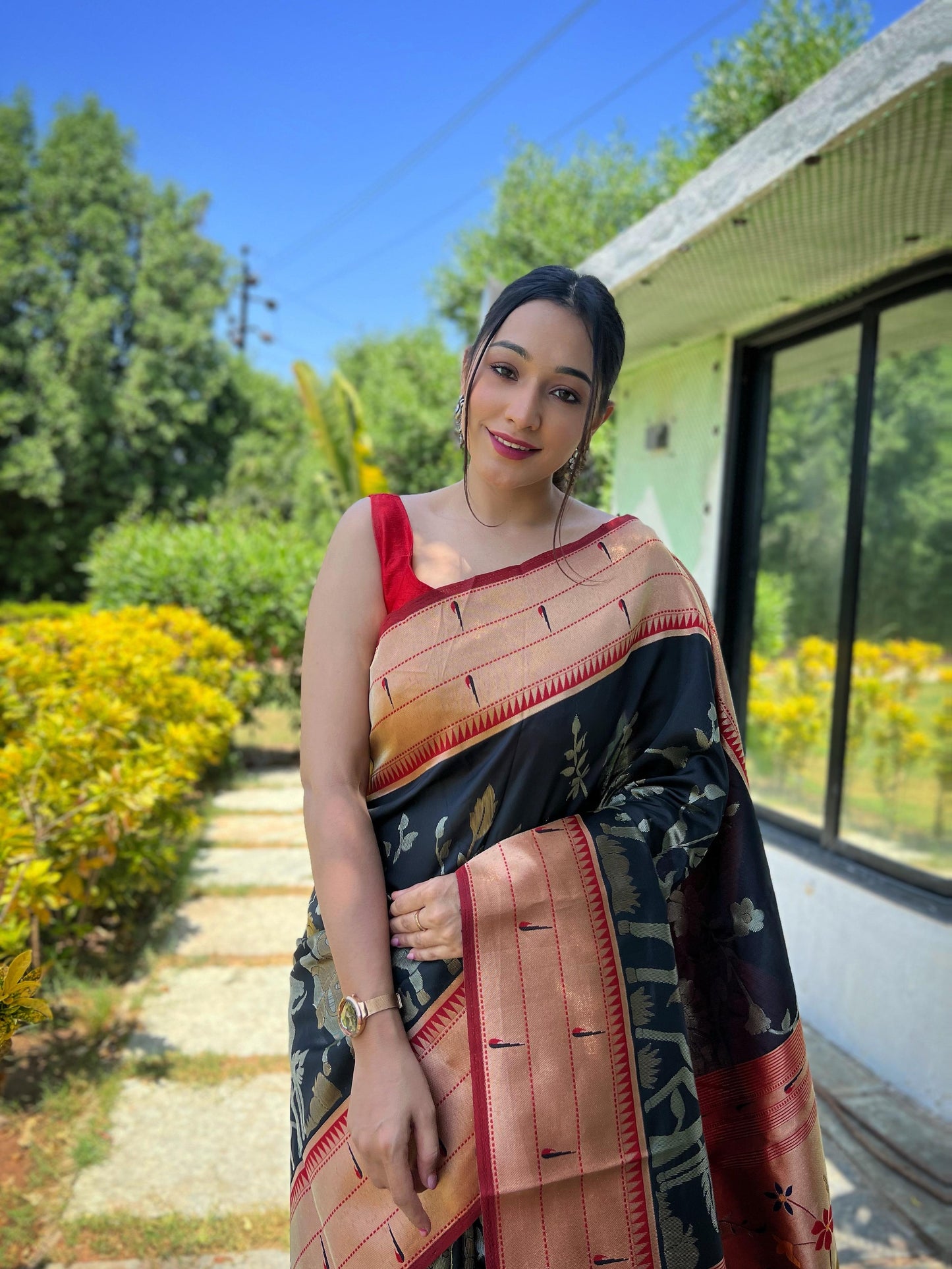 Elegant Paithani Silk Saree with Rich Zari Work & Contrast Blouse