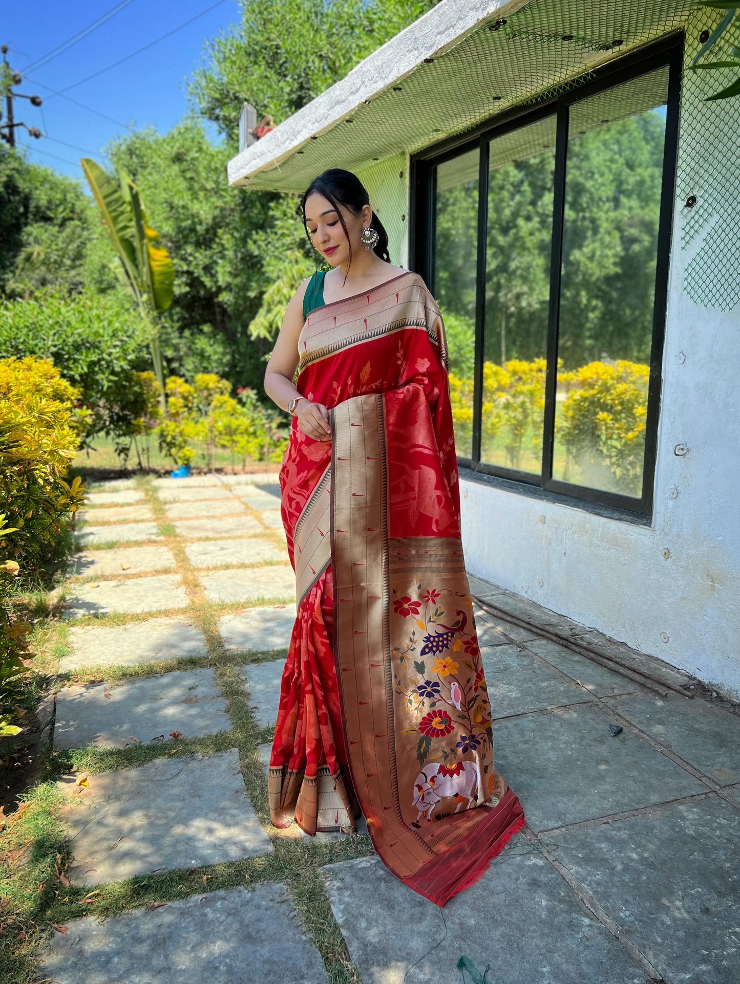 Elegant Paithani Silk Saree with Rich Zari Work & Contrast Blouse