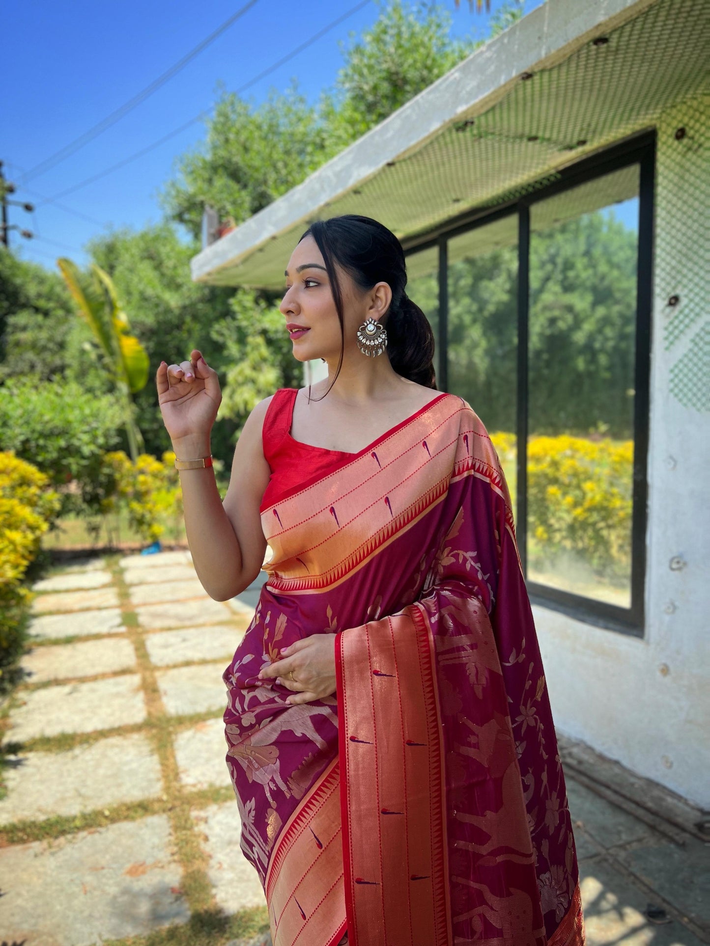 Elegant Paithani Silk Saree with Rich Zari Work & Contrast Blouse