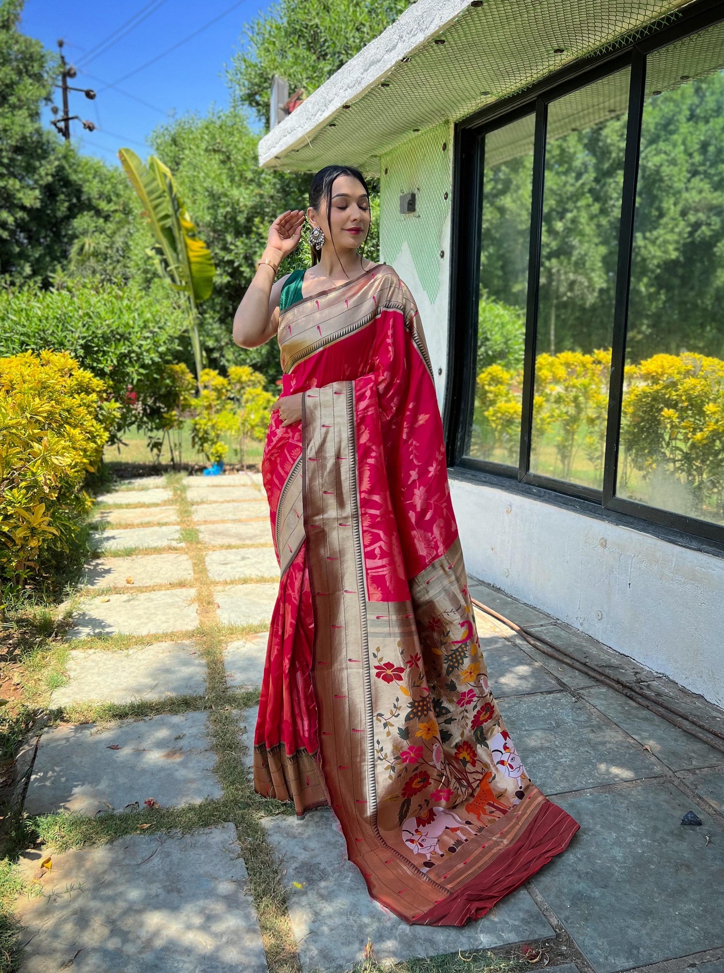 Elegant Paithani Silk Saree with Rich Zari Work & Contrast Blouse