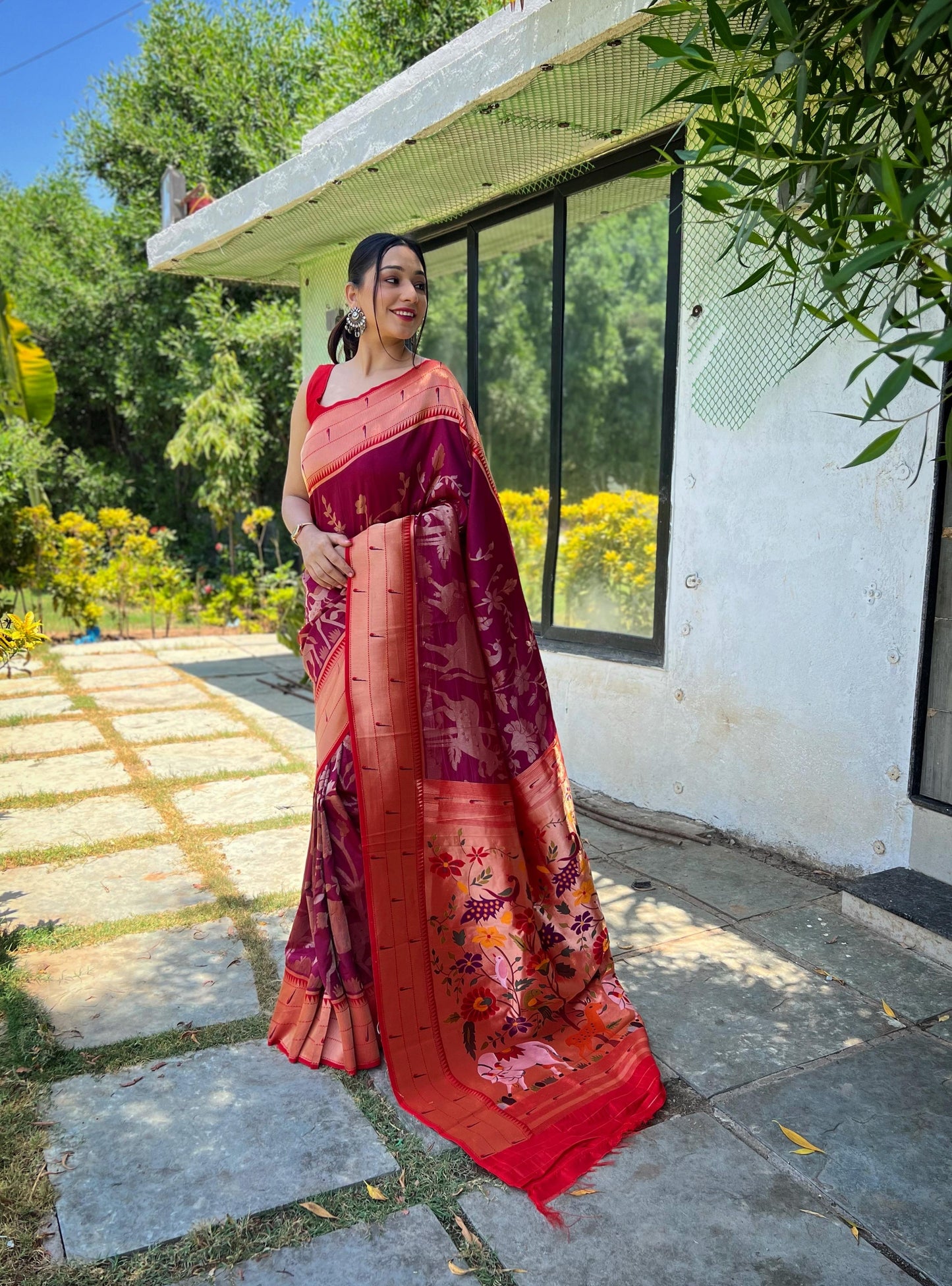 Elegant Paithani Silk Saree with Rich Zari Work & Contrast Blouse