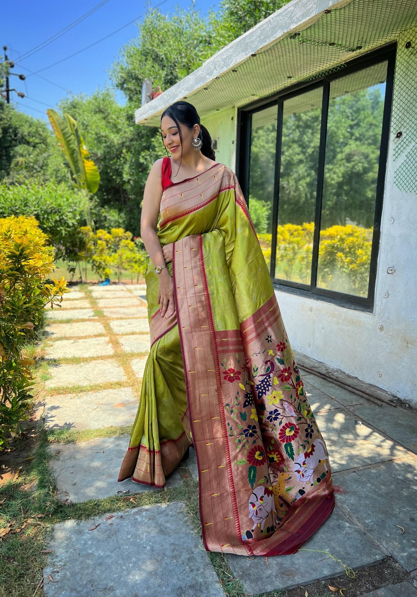 Elegant Paithani Silk Saree with Rich Zari Work & Contrast Blouse