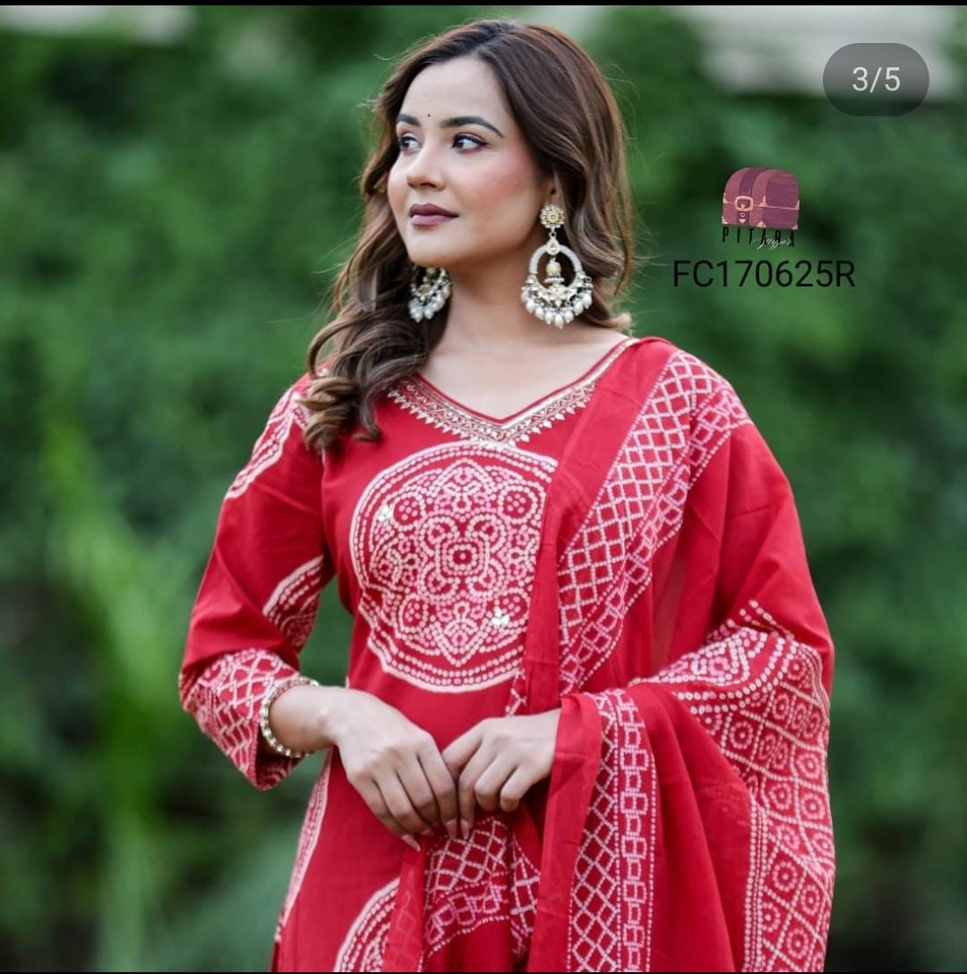 Elegant Lahariya Cotton Kurti Set with Palazzo & Dupatta ā Heavy Hand Work