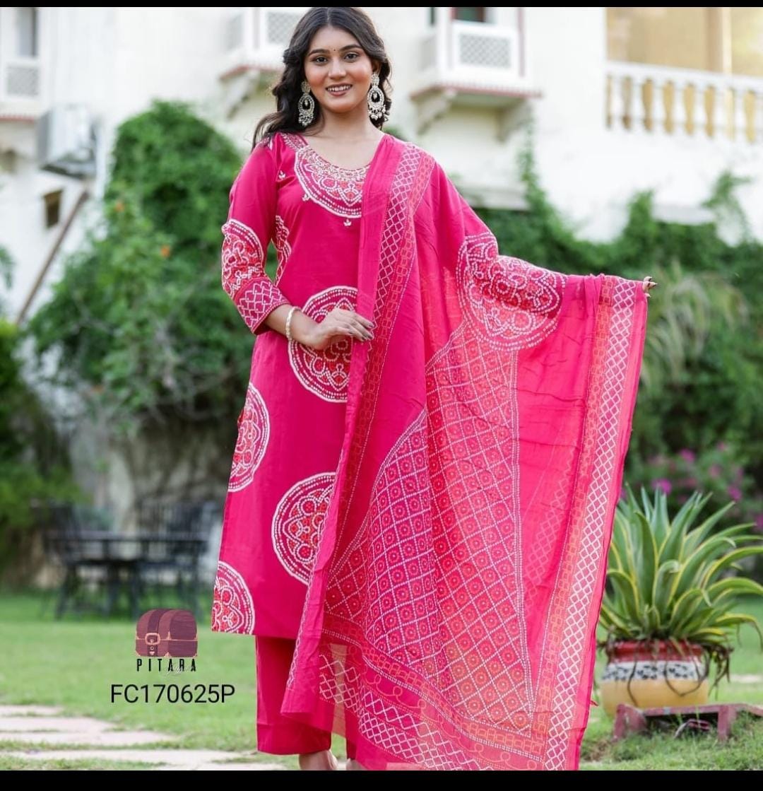 Elegant Lahariya Cotton Kurti Set with Palazzo & Dupatta ā Heavy Hand Work