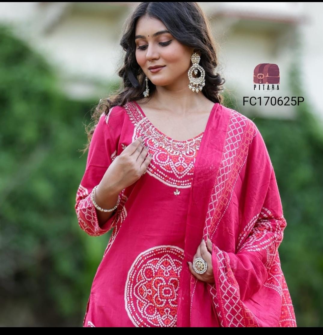 Elegant Lahariya Cotton Kurti Set with Palazzo & Dupatta ā Heavy Hand Work
