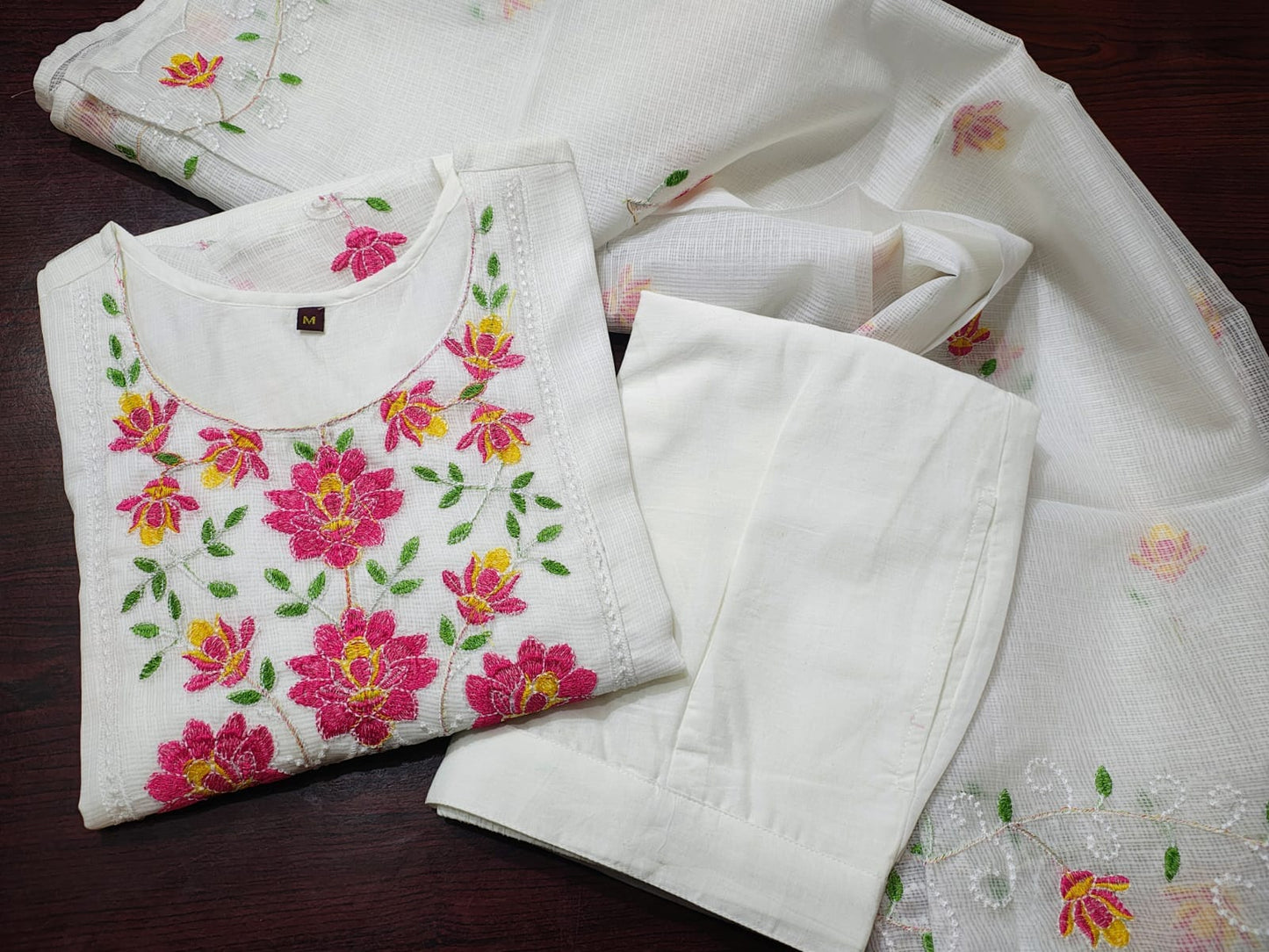 Premium Pastel Embroidered Kota Set | Kurti, Dupatta & Pants