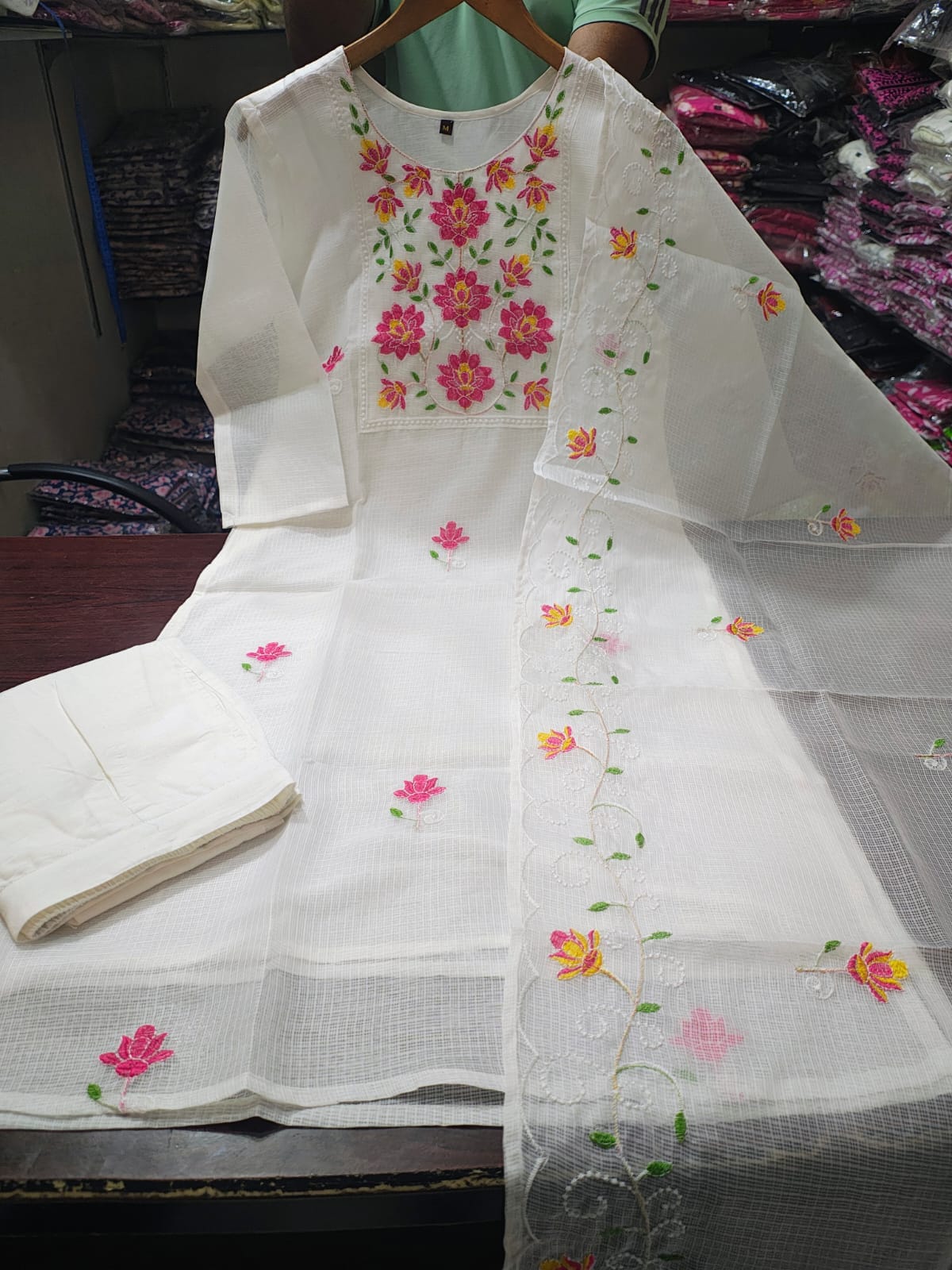 Premium Pastel Embroidered Kota Set | Kurti, Dupatta & Pants