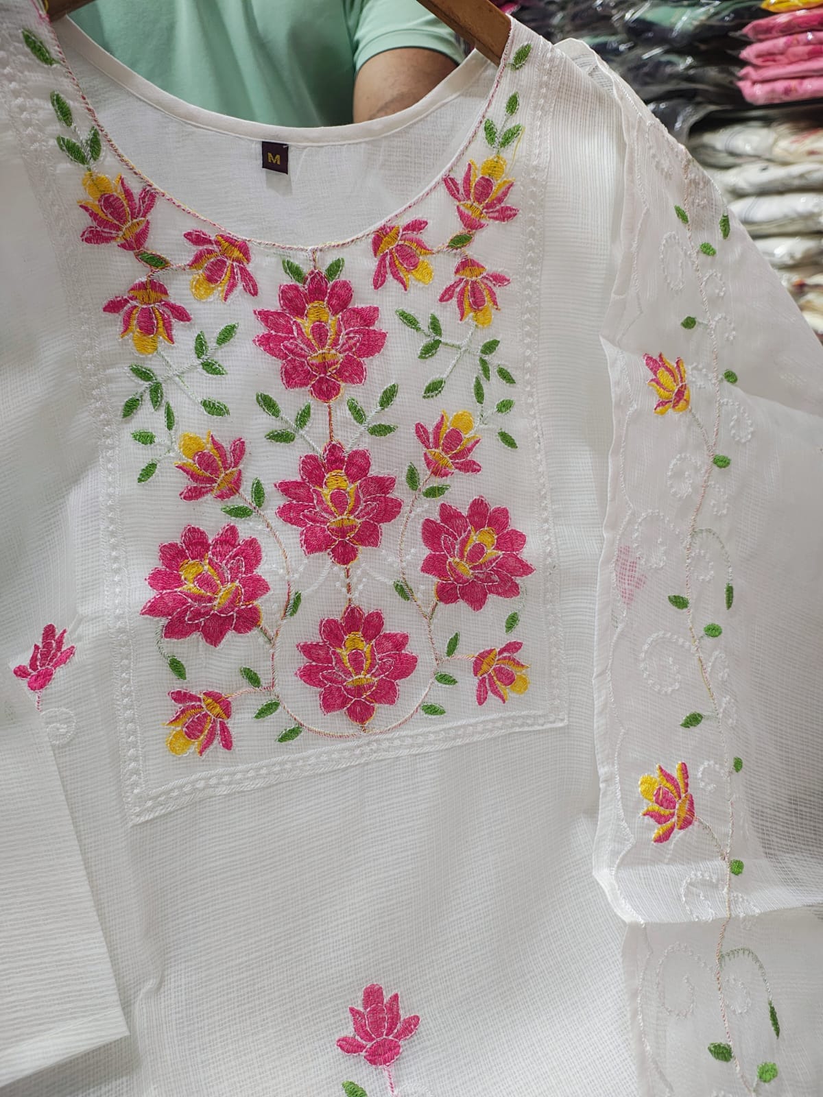 Premium Pastel Embroidered Kota Set | Kurti, Dupatta & Pants