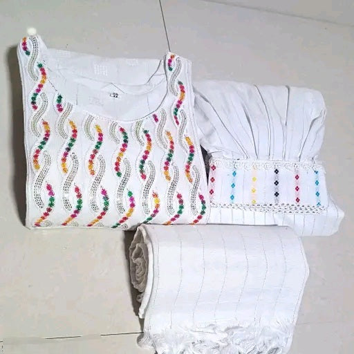 White Multicolor Embroidery Afghani Suit Afghani Salwar Dupatta Set Women & Girls