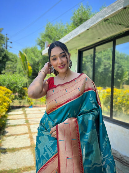 Elegant Paithani Silk Saree with Rich Zari Work & Contrast Blouse