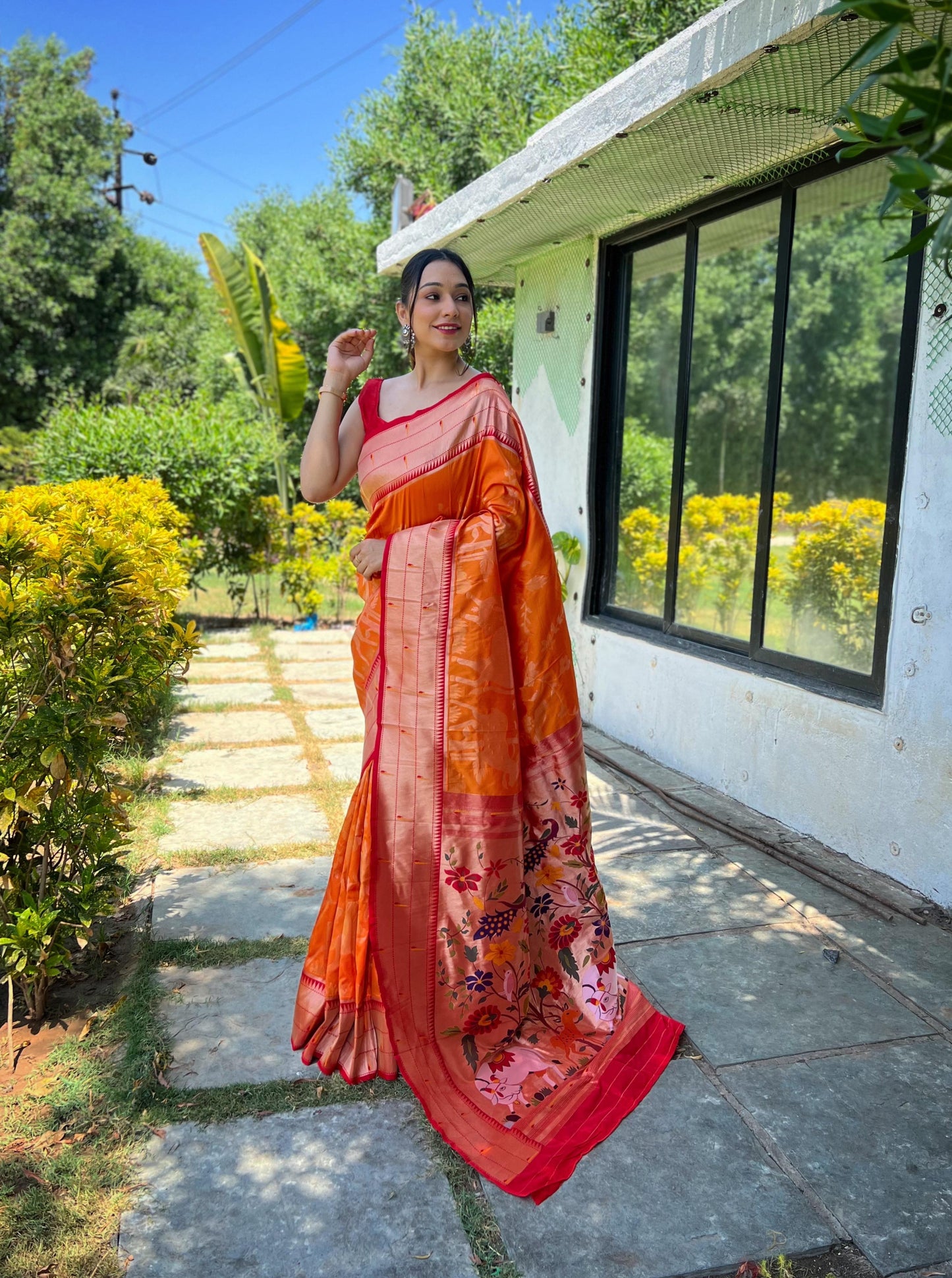 Elegant Paithani Silk Saree with Rich Zari Work & Contrast Blouse