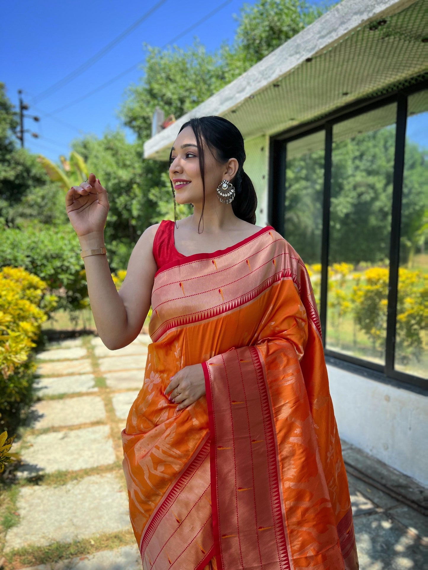 Elegant Paithani Silk Saree with Rich Zari Work & Contrast Blouse