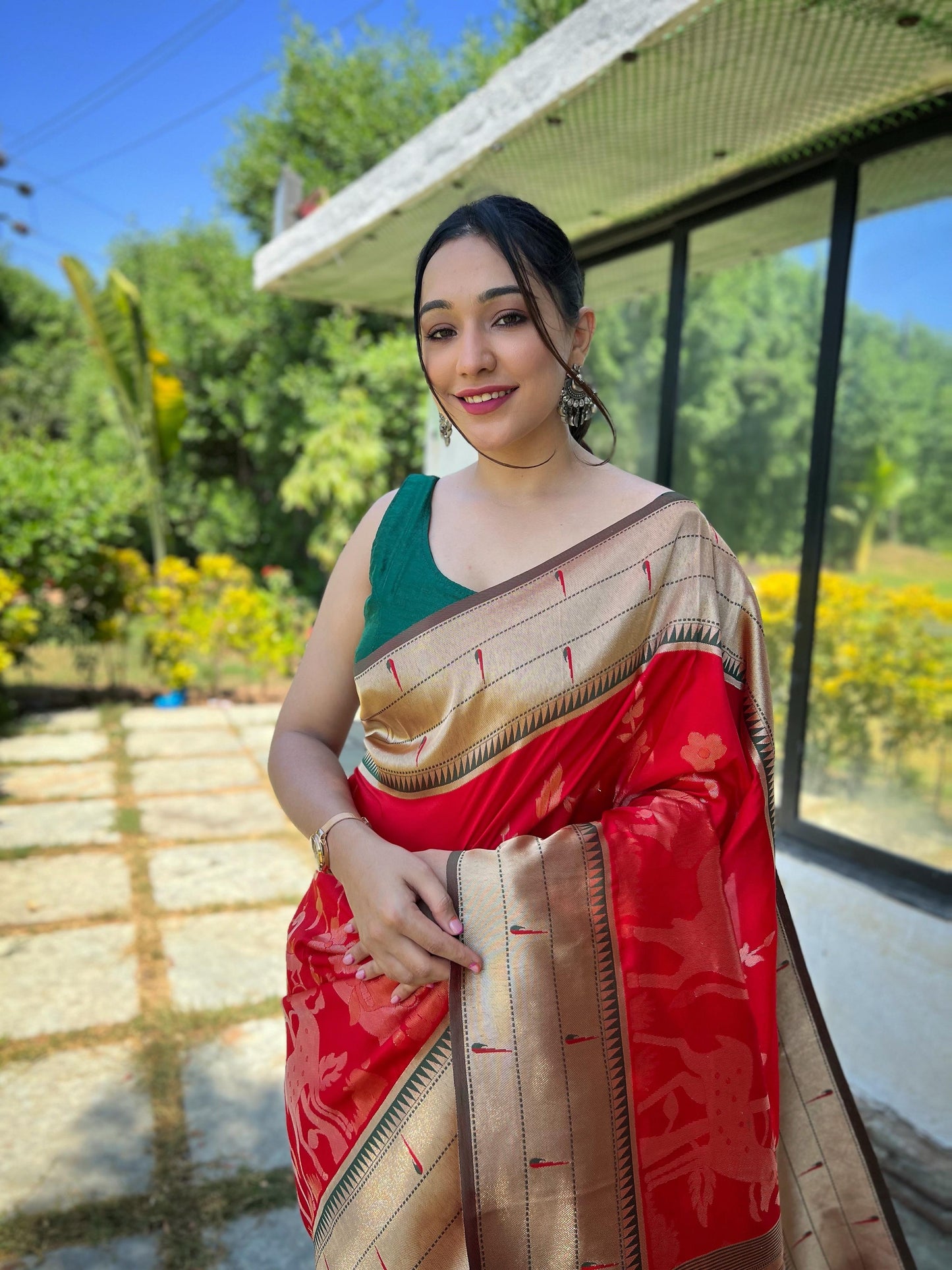 Elegant Paithani Silk Saree with Rich Zari Work & Contrast Blouse