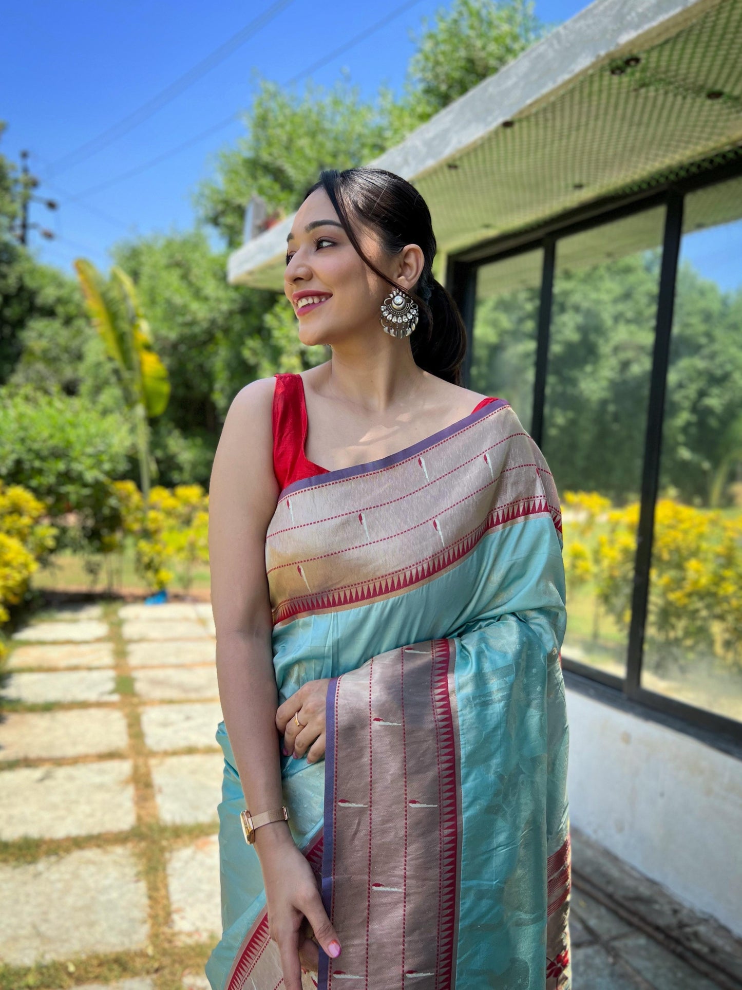 Elegant Paithani Silk Saree with Rich Zari Work & Contrast Blouse