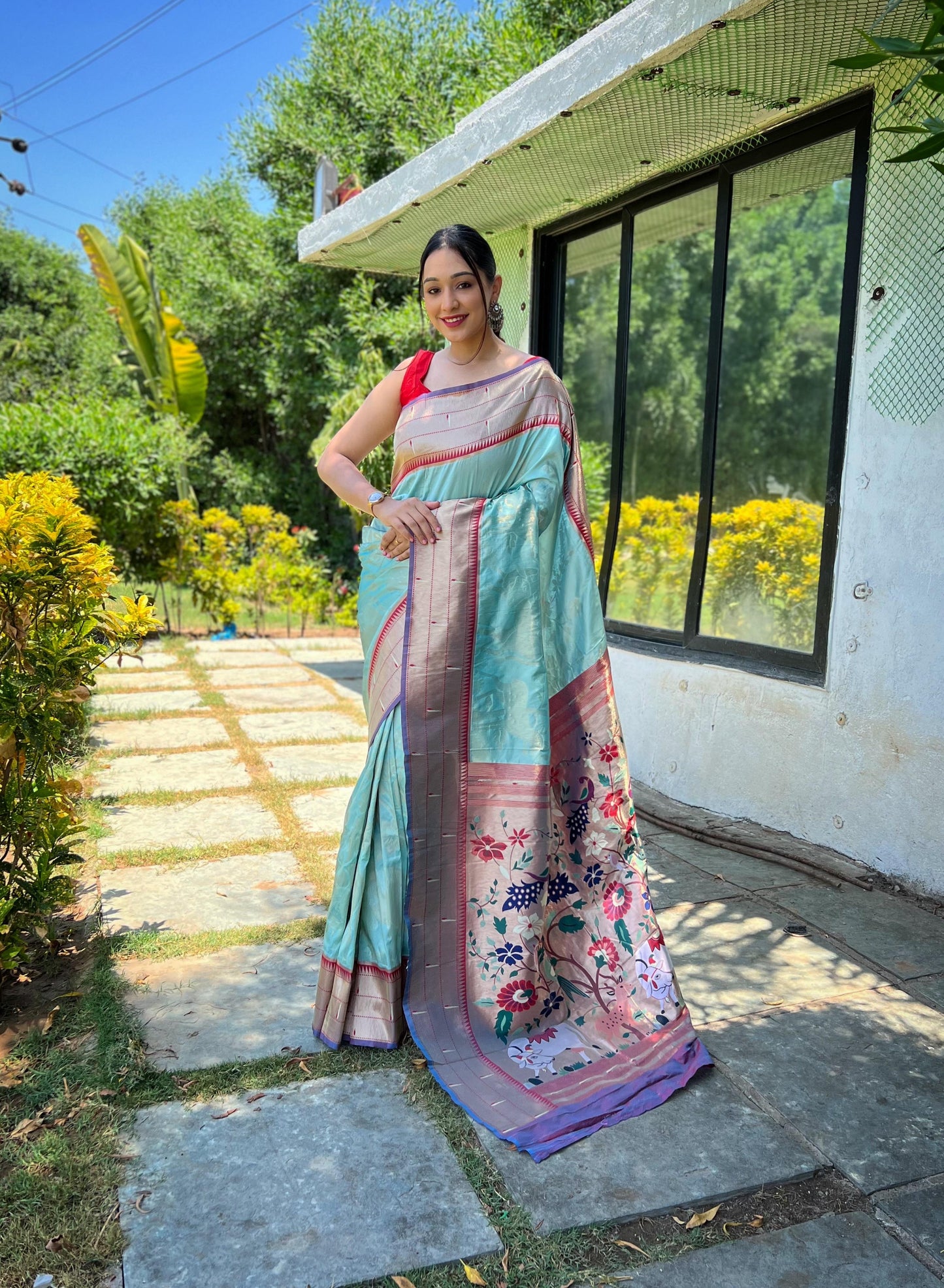 Elegant Paithani Silk Saree with Rich Zari Work & Contrast Blouse