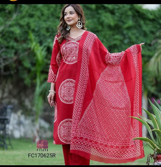 Elegant Lahariya Cotton Kurti Set with Palazzo & Dupatta – Heavy Hand Work