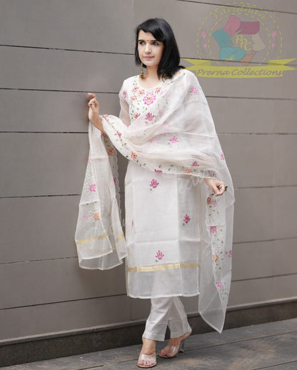 Premium Pastel Embroidered Kota Set | Kurti, Dupatta & Pants