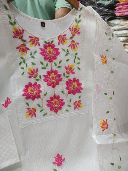 Premium Pastel Embroidered Kota Set | Kurti, Dupatta & Pants