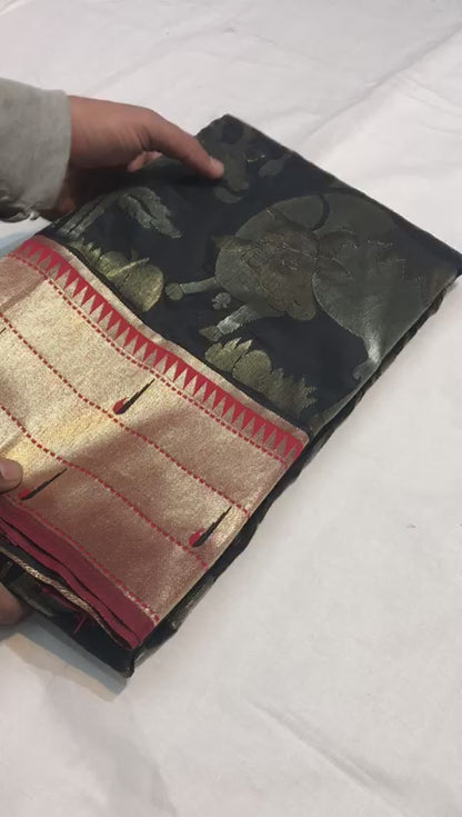Elegant Paithani Silk Saree with Rich Zari Work & Contrast Blouse