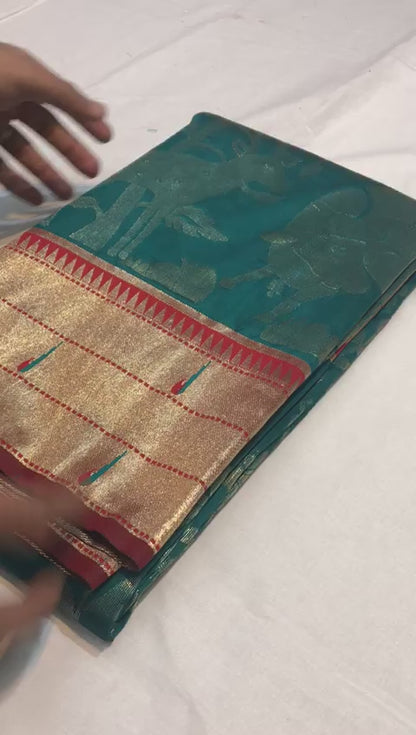 Elegant Paithani Silk Saree with Rich Zari Work & Contrast Blouse