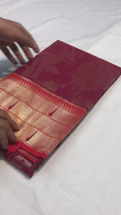 Elegant Paithani Silk Saree with Rich Zari Work & Contrast Blouse