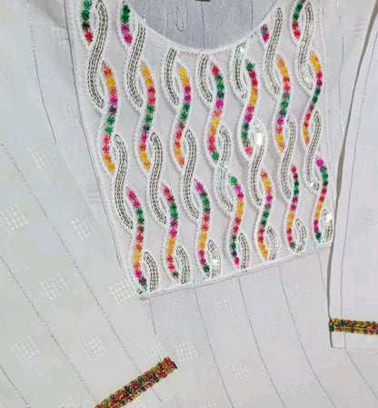 White Multicolor Embroidery Afghani Suit Afghani Salwar Dupatta Set Women & Girls