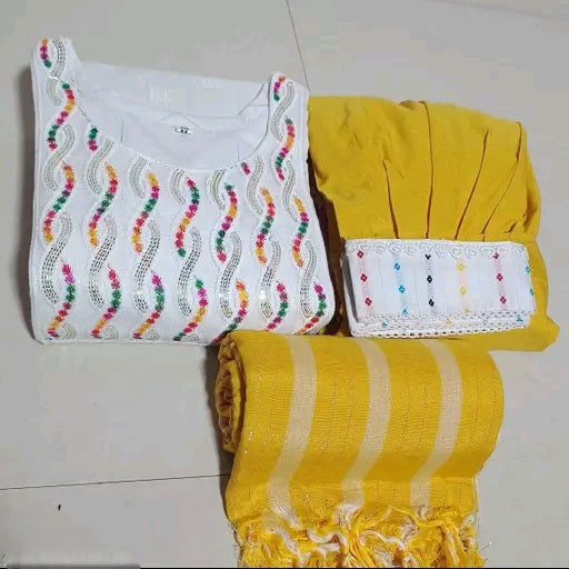 White Multicolor Embroidery Afghani Suit Afghani Salwar Dupatta Set Women & Girls
